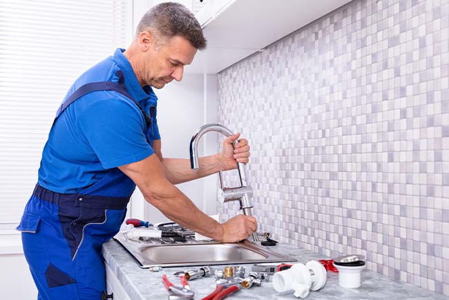 Plomero realizando destapación de desagüe